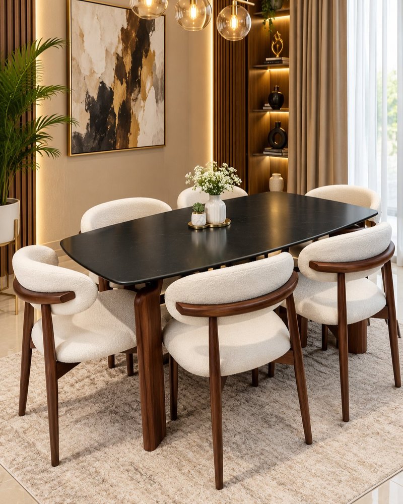 Modern Nordic Black & Tan Walnut 6-Seater Dining Set