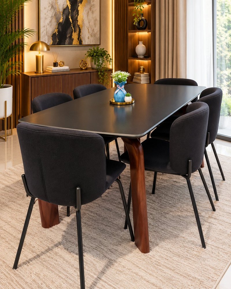 Modern Nordic Black Table 6-Seater Dining Set with Upholstered Chairs