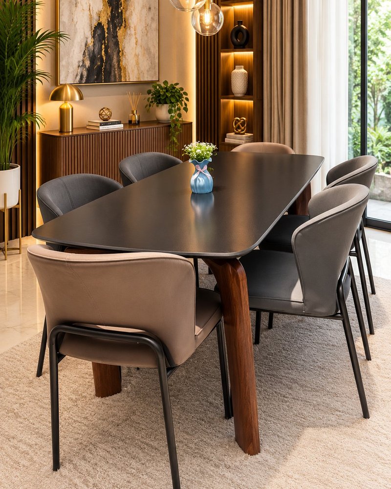 Modern Nordic Matte Black 6-Seater Dining Set in Charcoal & Taupe