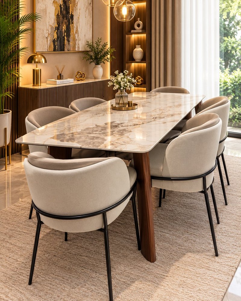 Modern Nordic Luxury 6-Seater Dining Set with Dual-Tone Armchairs