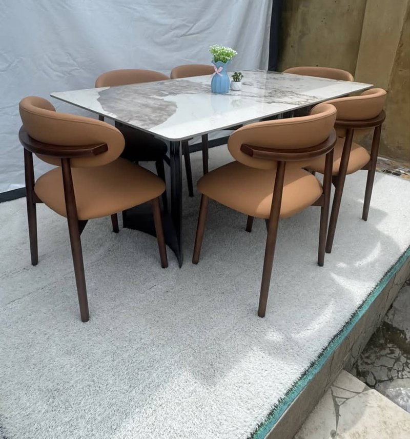 Modern Nordic Marble-Pattern Porcelain 6-Seater Dining Set