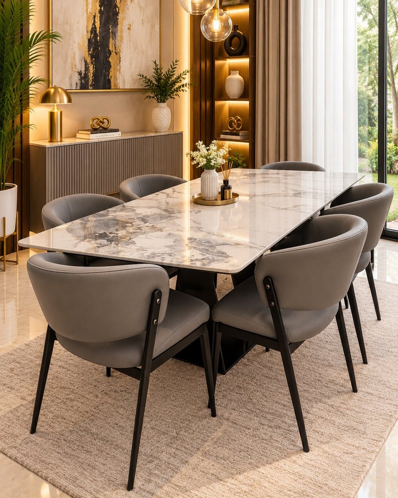 Modern Marble-Pattern Porcelain 6-Seater Dining Set with Leatherette Armchairs