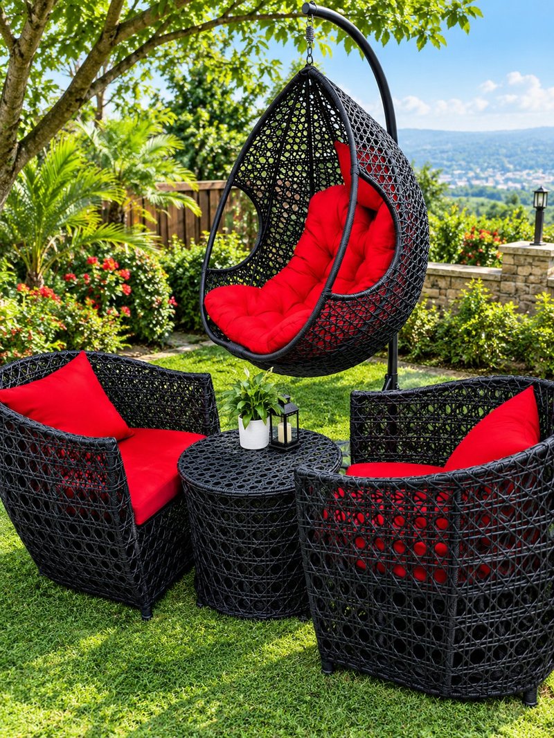 Luxury Woven Rattan Outdoor Patio Set with Hanging Egg Chair & Bistro Armchairs