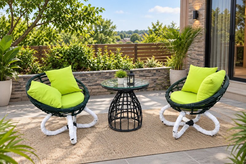 Modern Woven Rattan Papasan Outdoor Bistro Set with Glass Table. Me and you