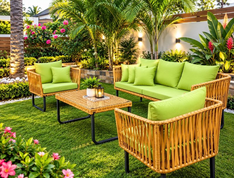 Modern Woven Rattan Outdoor Garden Sofa Set with Lime Green Cushions