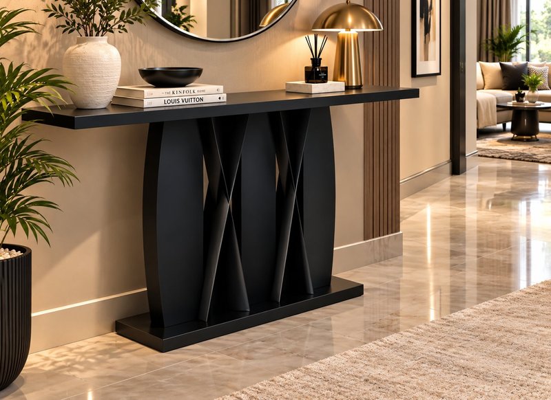 Modern Architectural Matte Black Pedestal Console Table