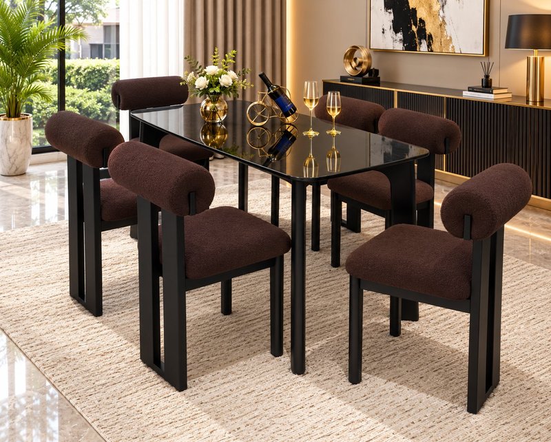 Modern Architectural Glass & Bouclé 6-Seater Dining Set