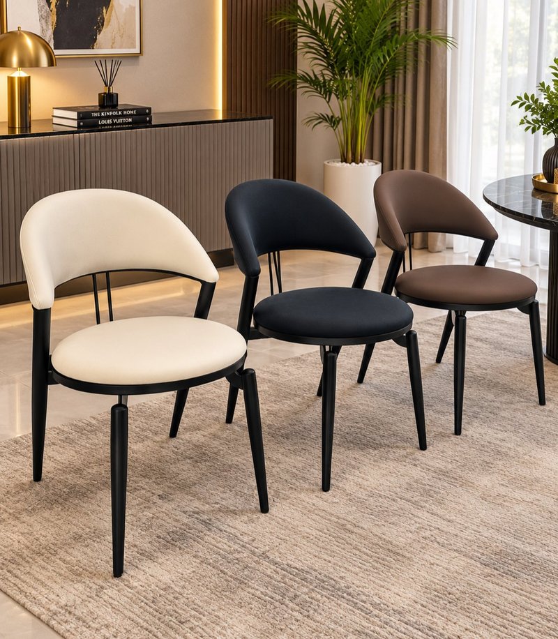 Modern Curved Leatherette Dining Armchair with Open-Back Metal Frame